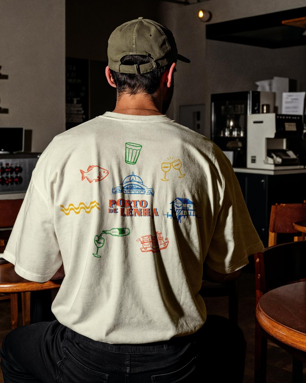 Camiseta Porto de Lenha costas com elementos amazônicos